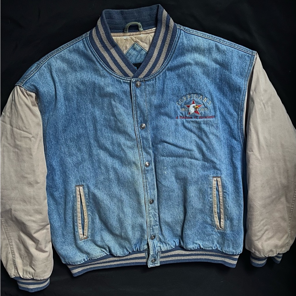 Vintage distressed tri mountain denim varcity jacket